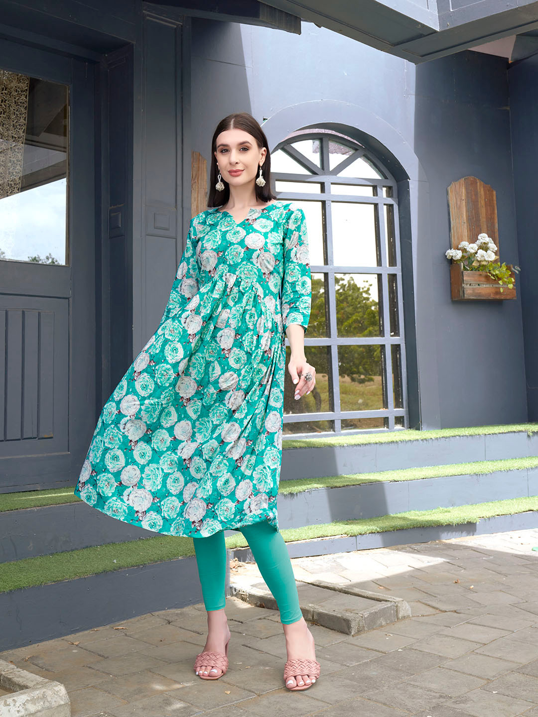 Anouk Rustic Sea Green Floral Printed Empire Cotton Silk A-Line Kurta