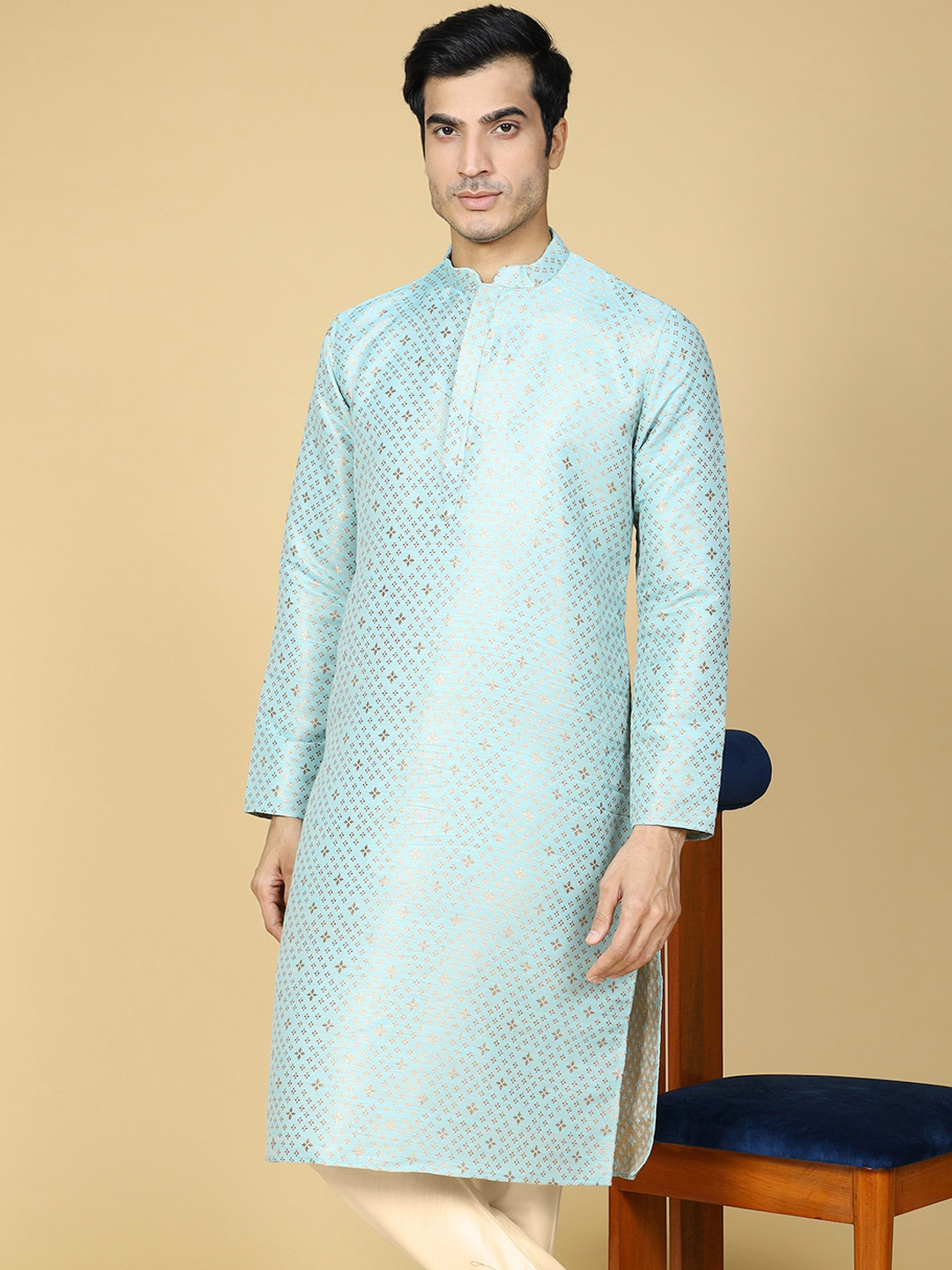 NAMASKAR Geometric Woven Design Mandarin Collar Long Sleeve Jacquard Straight Kurta