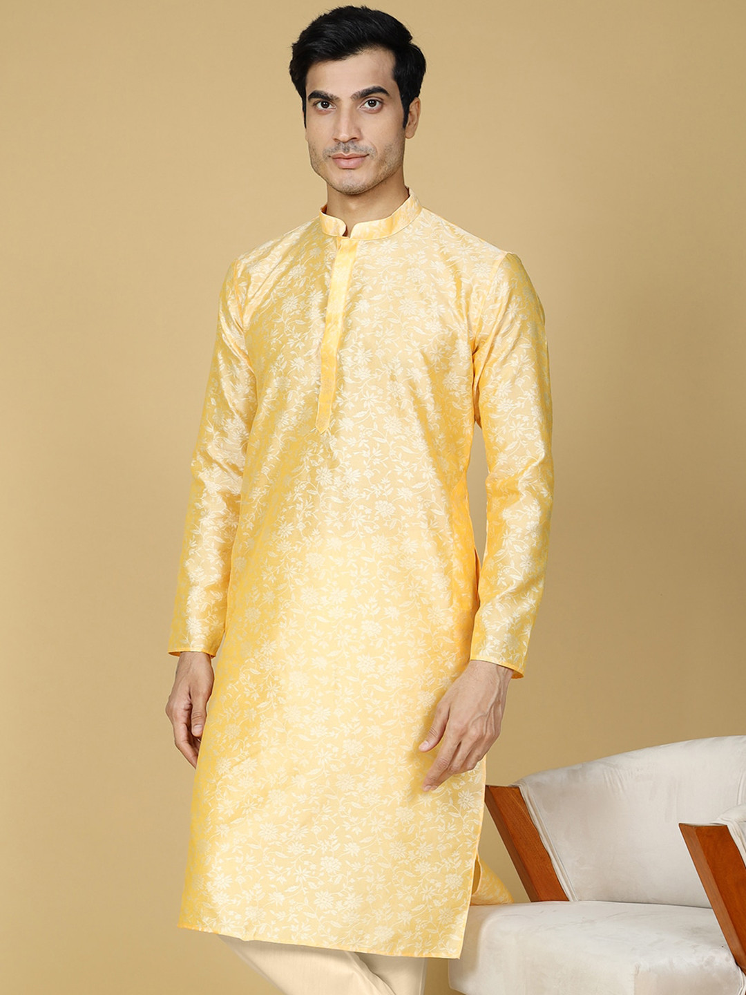 NAMASKAR Ethnic Motifs Woven Design Mandarin Collar Jacquard Straight Kurta