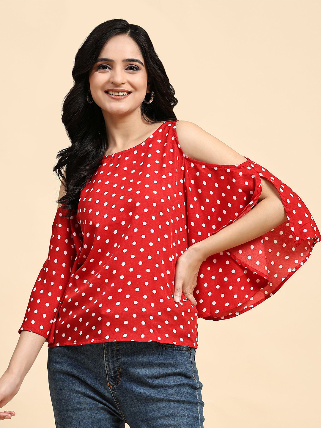 RACHNA Red Polka Dot Printed Boat Neck Cold-Shoulder Sleeves Top