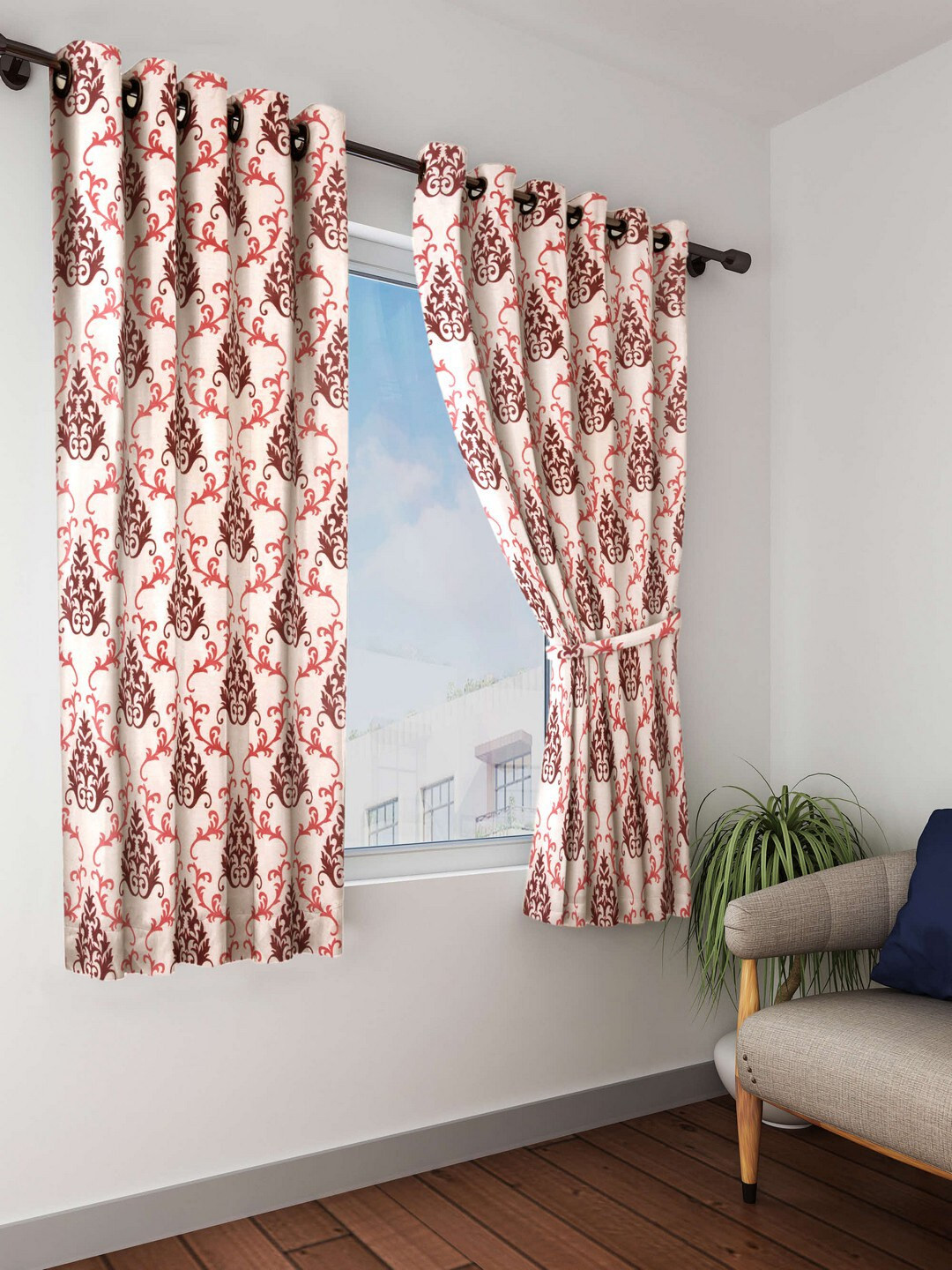 Cortina Maroon & White Set of 2 Damask Printed Window Curtains