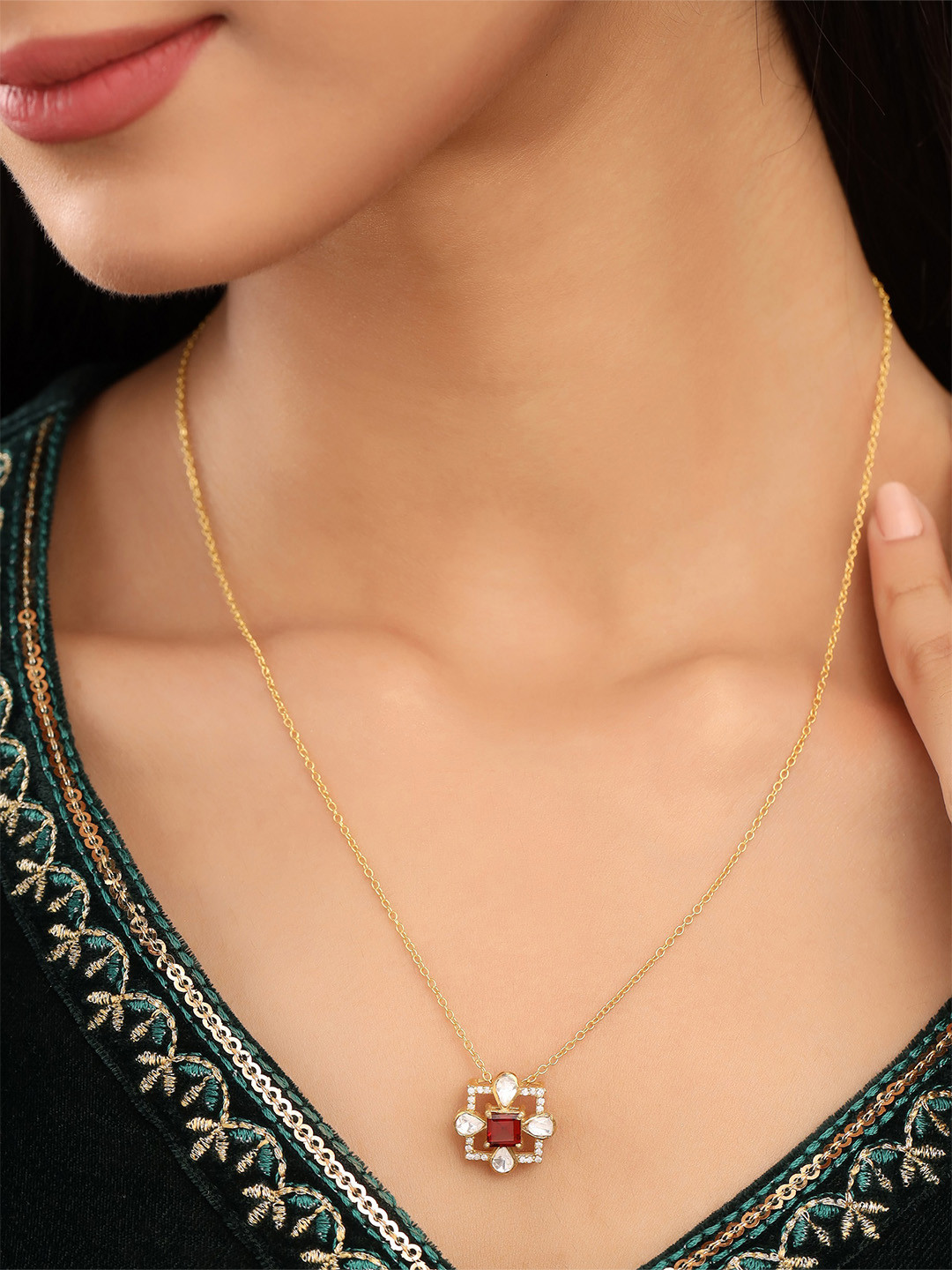 Kicky And Perky 925 Sterling Silver Gold-Plated Garnet-Studded Pendant With Chain