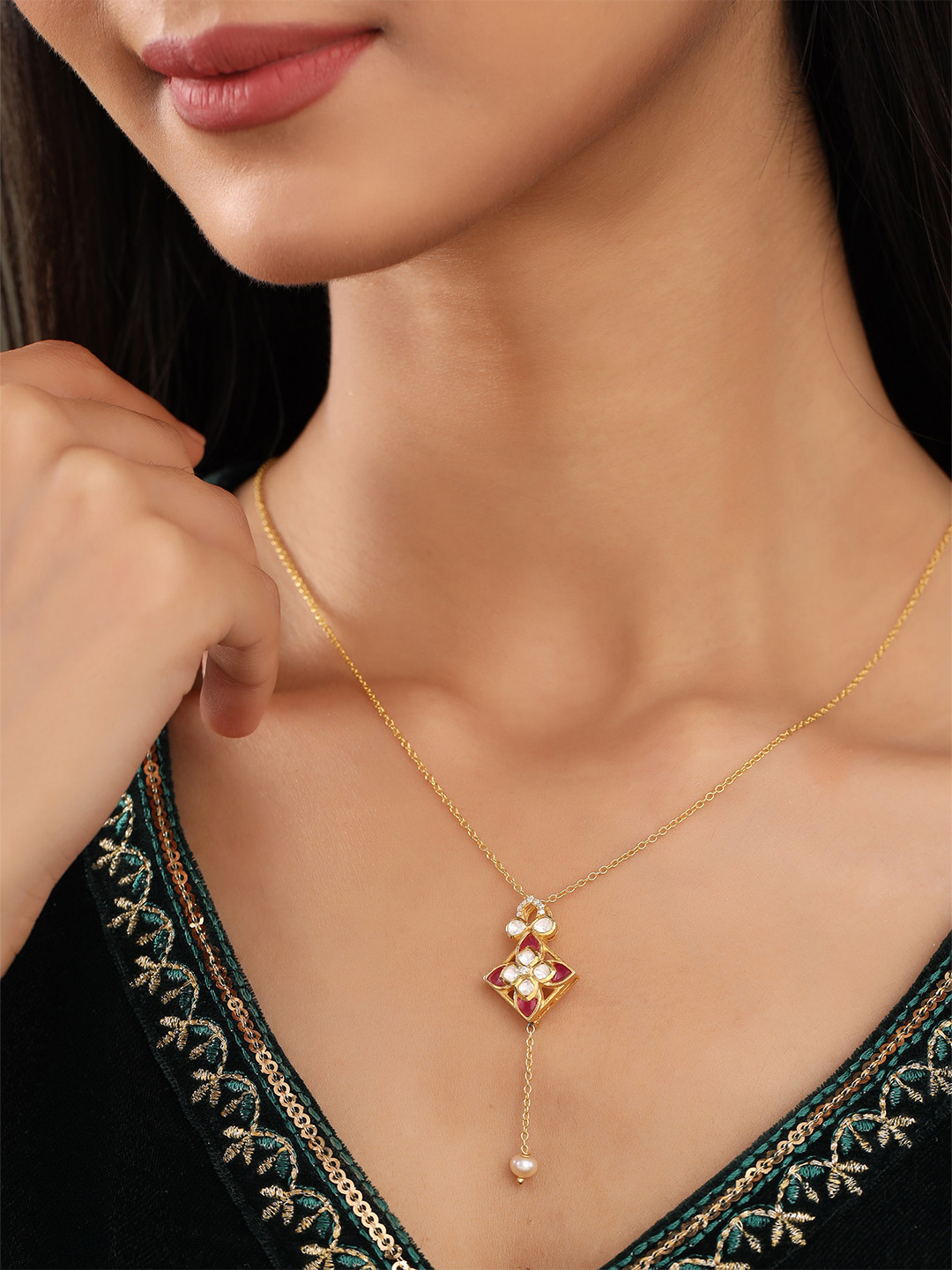 Kicky And Perky 925 Sterling Silver Gold-Plated Stone-Studded Pendant With Chain