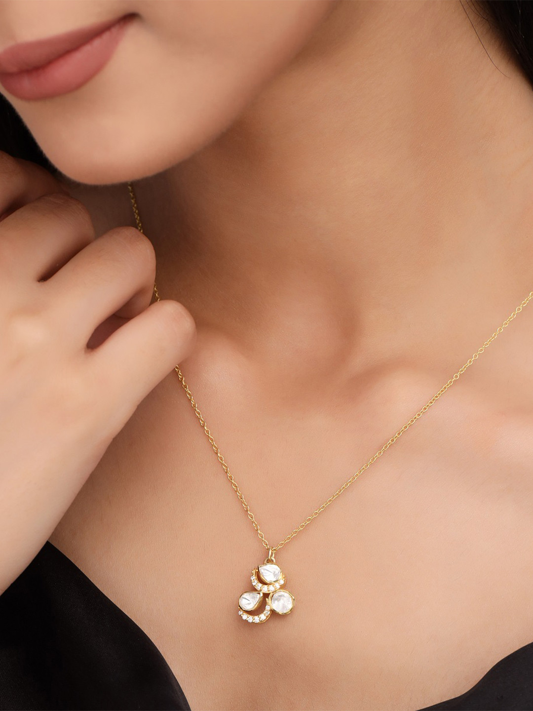 Kicky And Perky 925 Sterling Silver Gold-Plated Stone-Studded Pendant With Chain