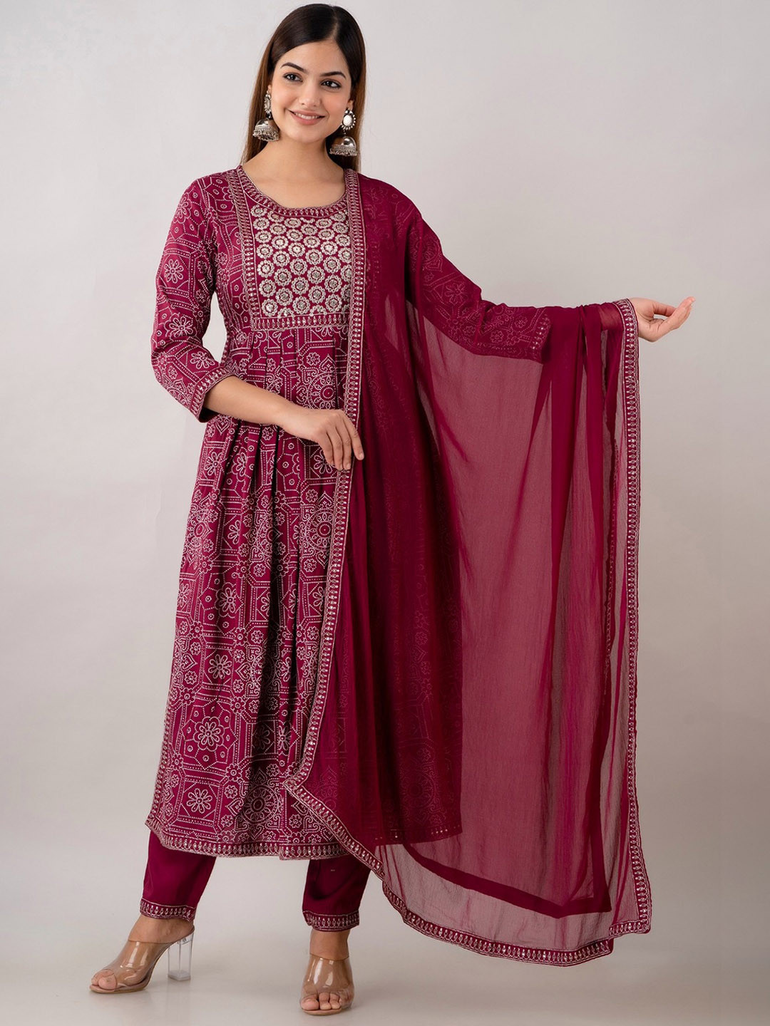 Country Style Ethnic Motifs Printed Sequinned A Line Kurta With Trousers & Dupatta