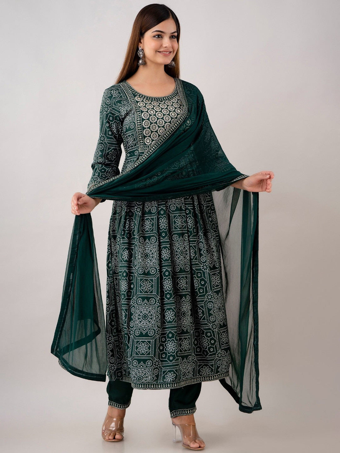Country Style Ethnic Motifs Printed Sequinned A Line Kurta With Trousers & Dupatta