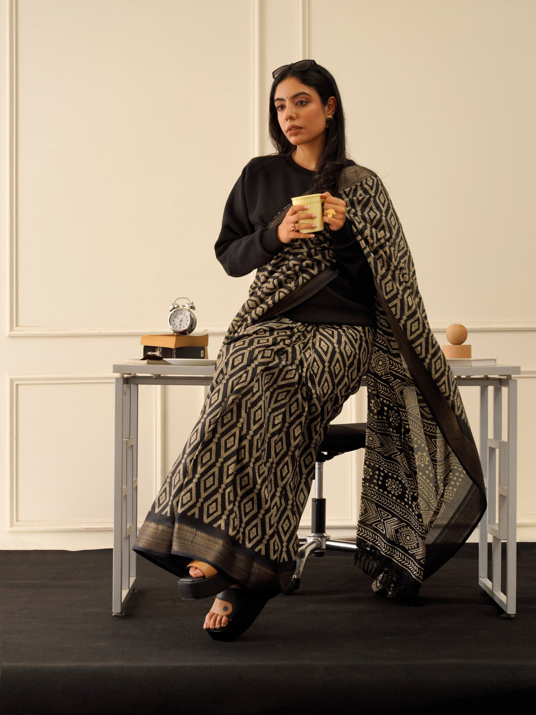 Tikhi Imli Black & Gold Geometric Printed Ready To Wear Saree