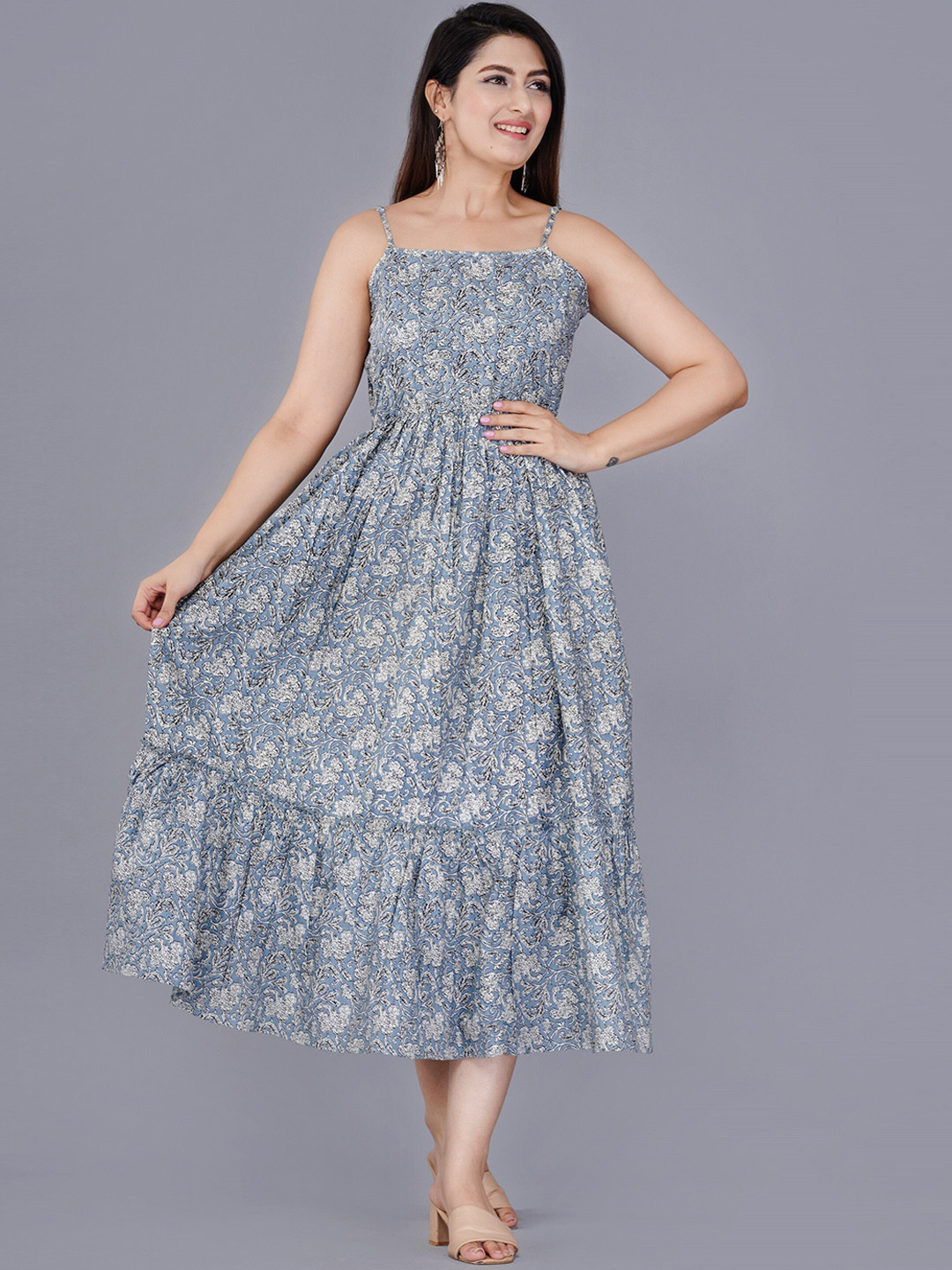 ao services Floral Printed Shoulder Strap Fit and Flare Pleated Cotton Midi Dress