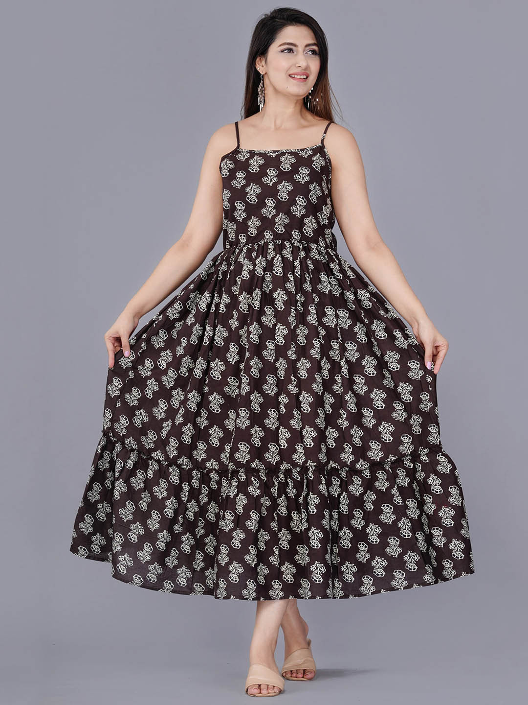 ao services Floral Printed Shoulder Strap Fit and Flare Pleated Cotton Midi Dress