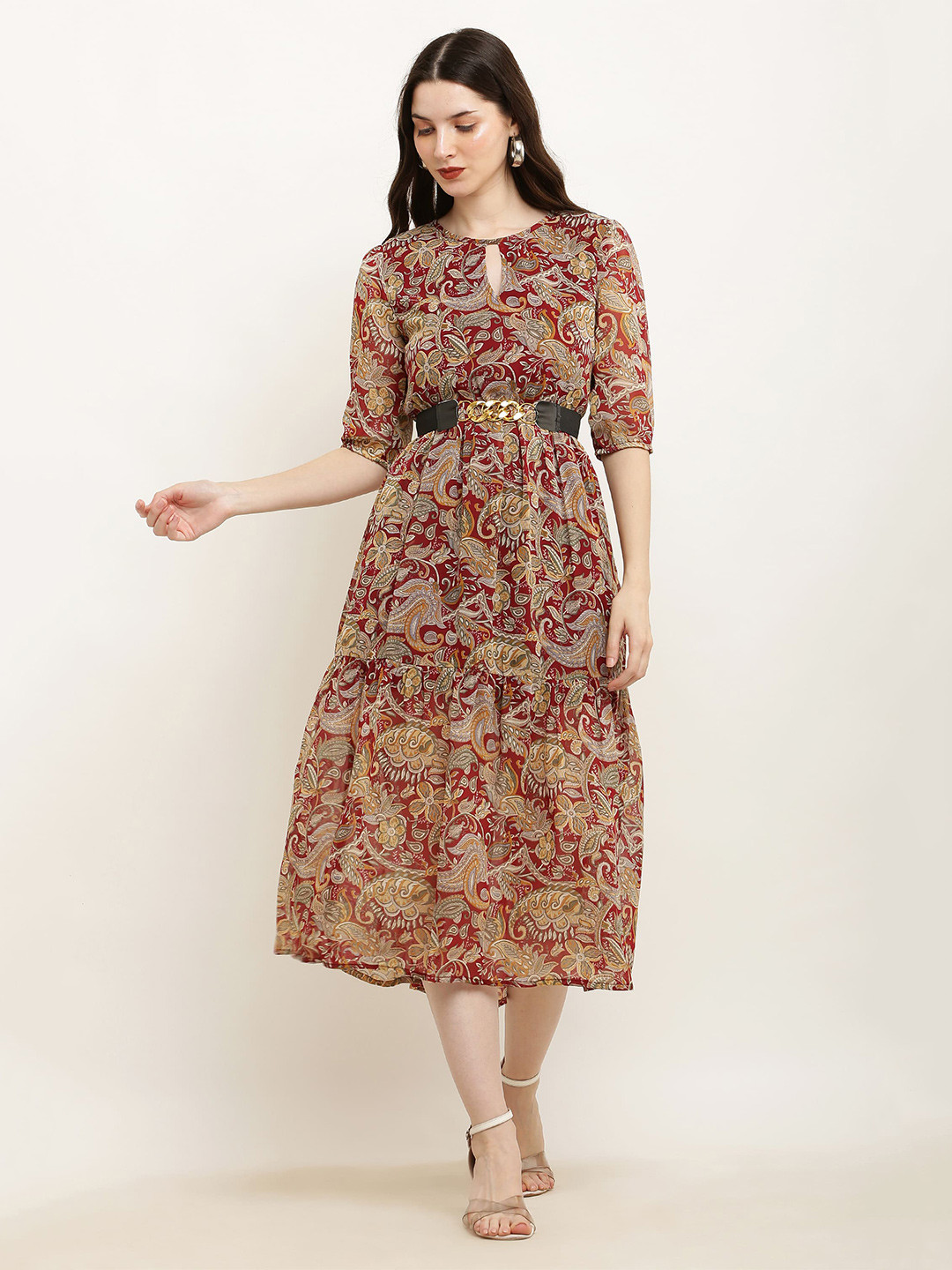 SQew Maroon Ethnic Motifs Print Keyhole Neck Fit & Flare Midi Dress