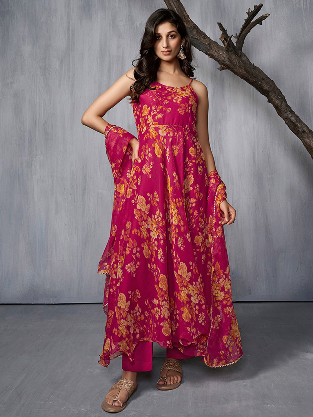 Inddus Floral Printed AnarkLI Kurta with Trousers & Dupatta