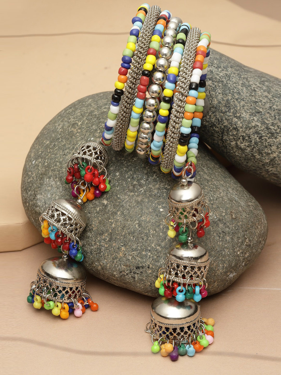 PANASH Set Of 7 Beaded Silver Bangles