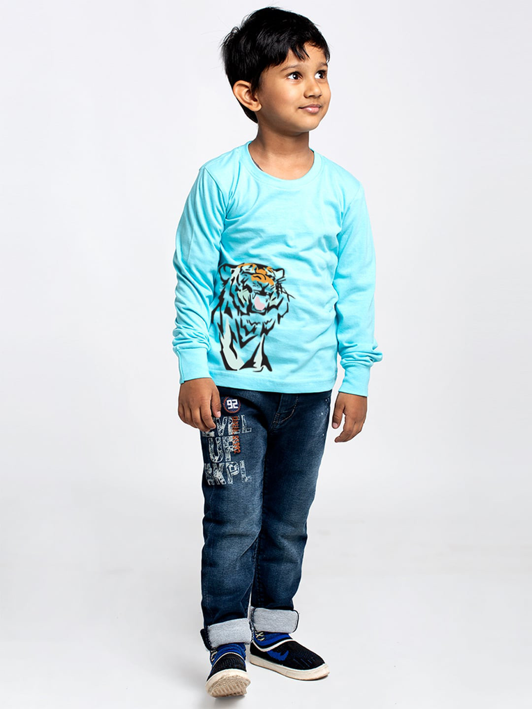 Friskers Boys Turquoise Blue Biker Printed High Neck Applique Slim Fit T-shirt