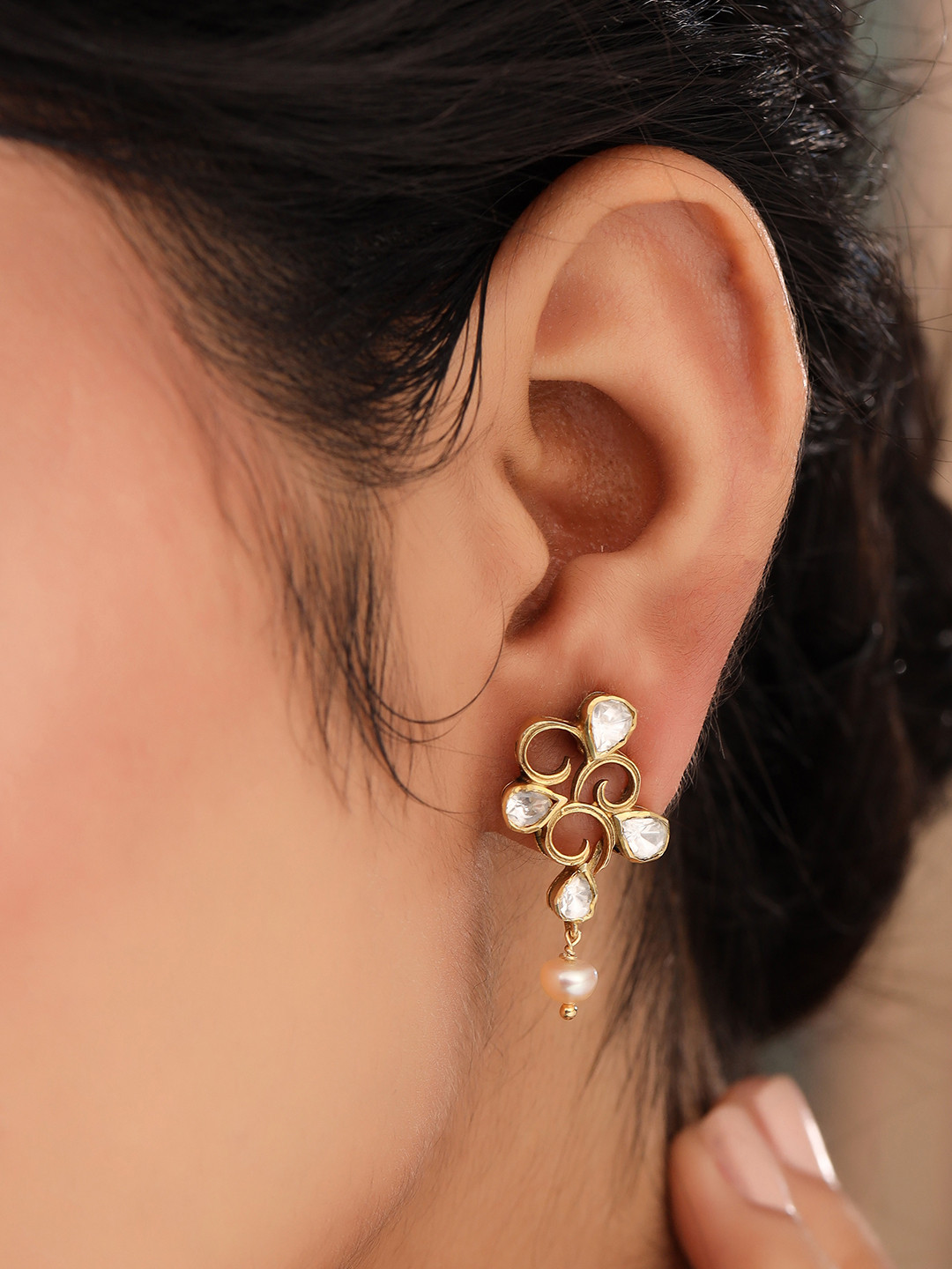 Kicky And Perky 925 Sterling Silver Moissanite Gold-Plated Earring With Dangling Pearl