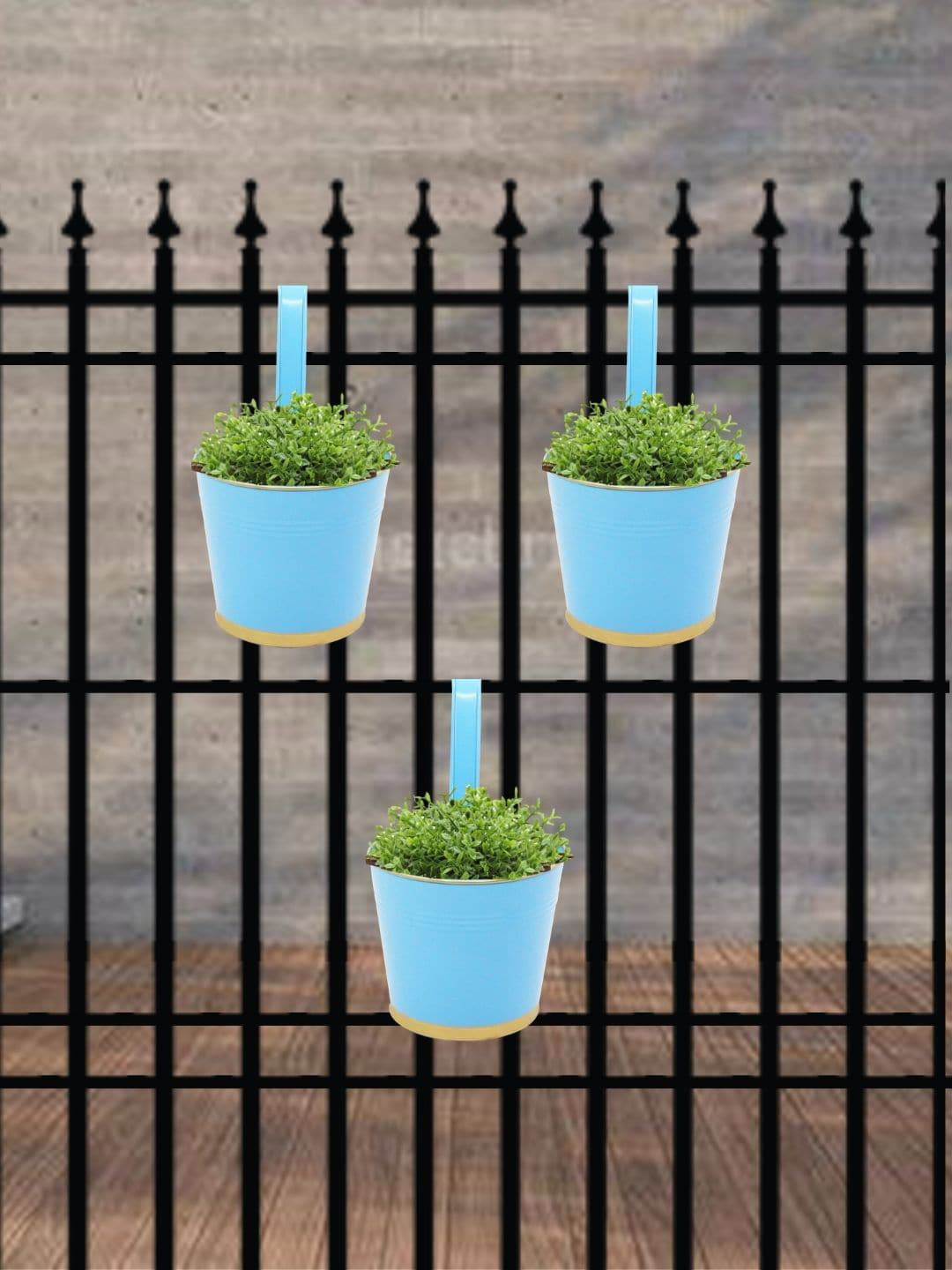 ecofynd Blue 3 Pieces Oval Balcony Hanging Metal Planter