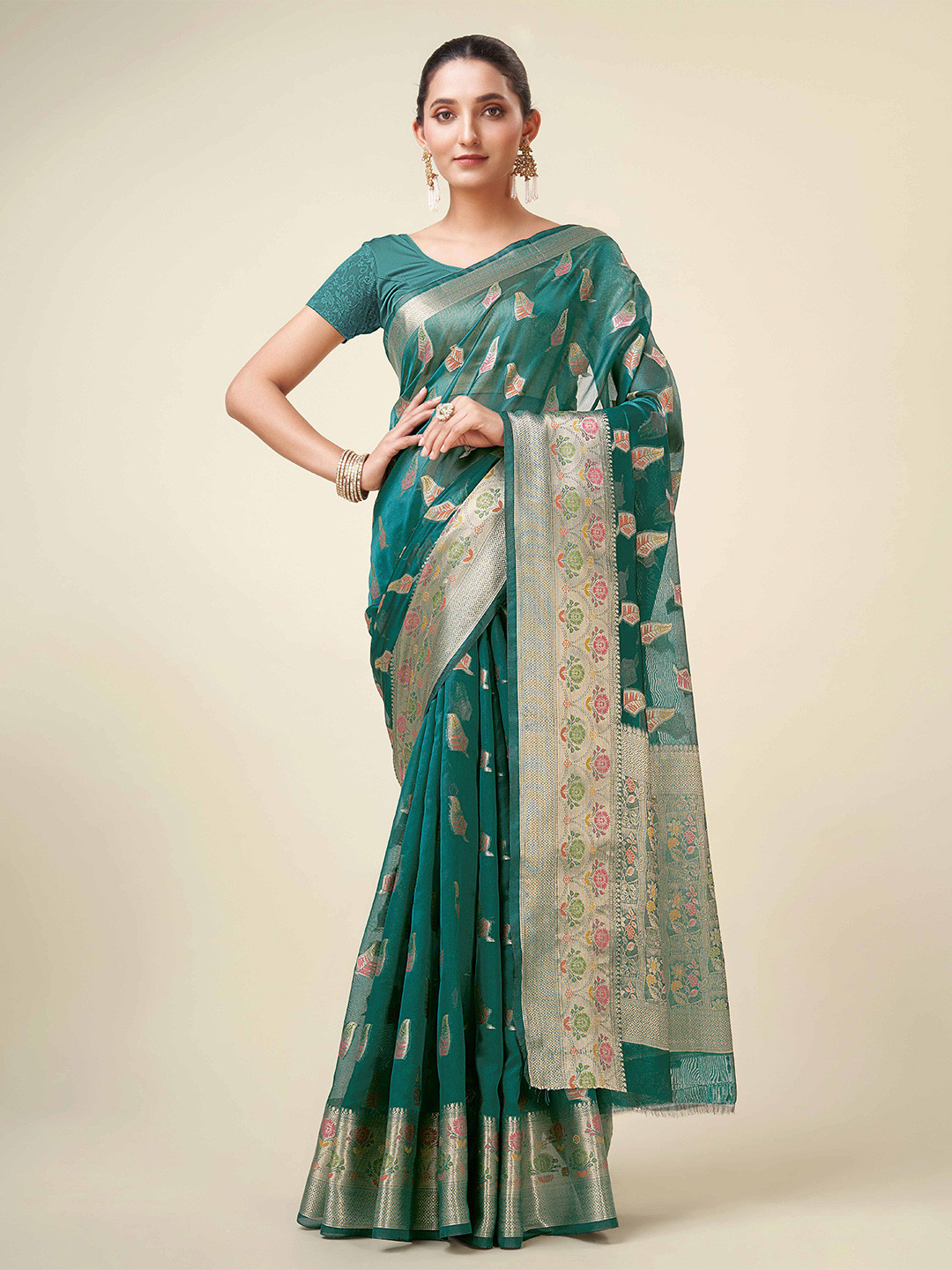 Mitera Green & Gold-Toned Ethnic Motifs Woven Design Zari Organza Kanjeevaram Saree