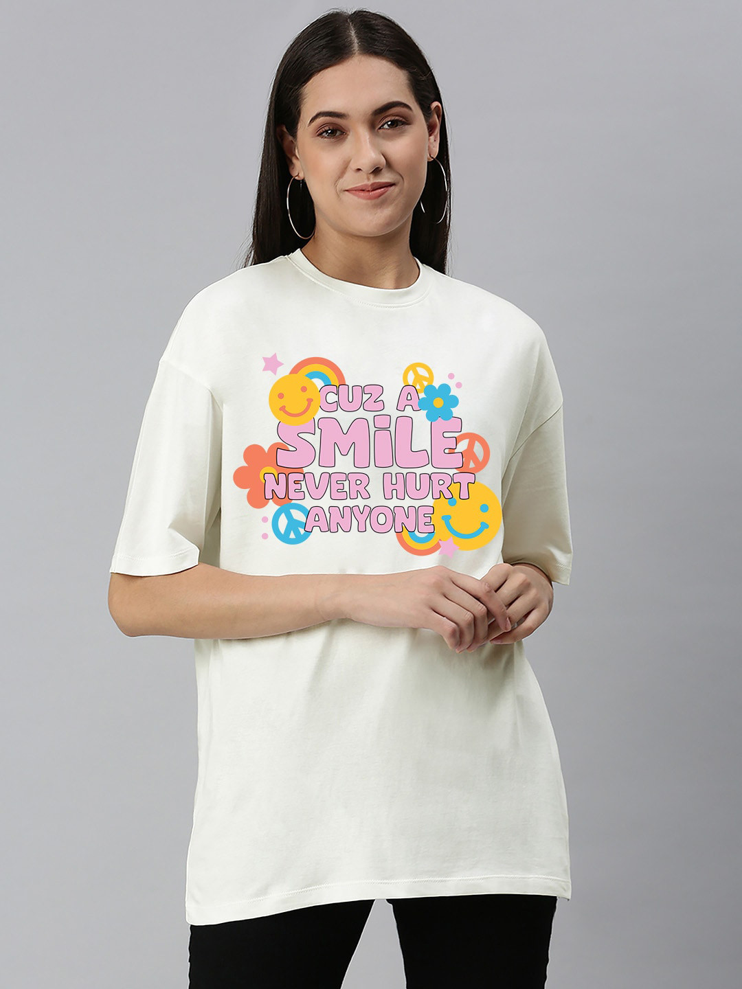 Harvard Off White Typography Printed Oversized Cotton T-shirt