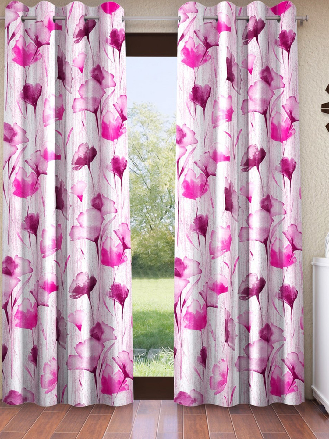 Home Sizzler Purple & White 2 Pieces Floral Long Door Curtains