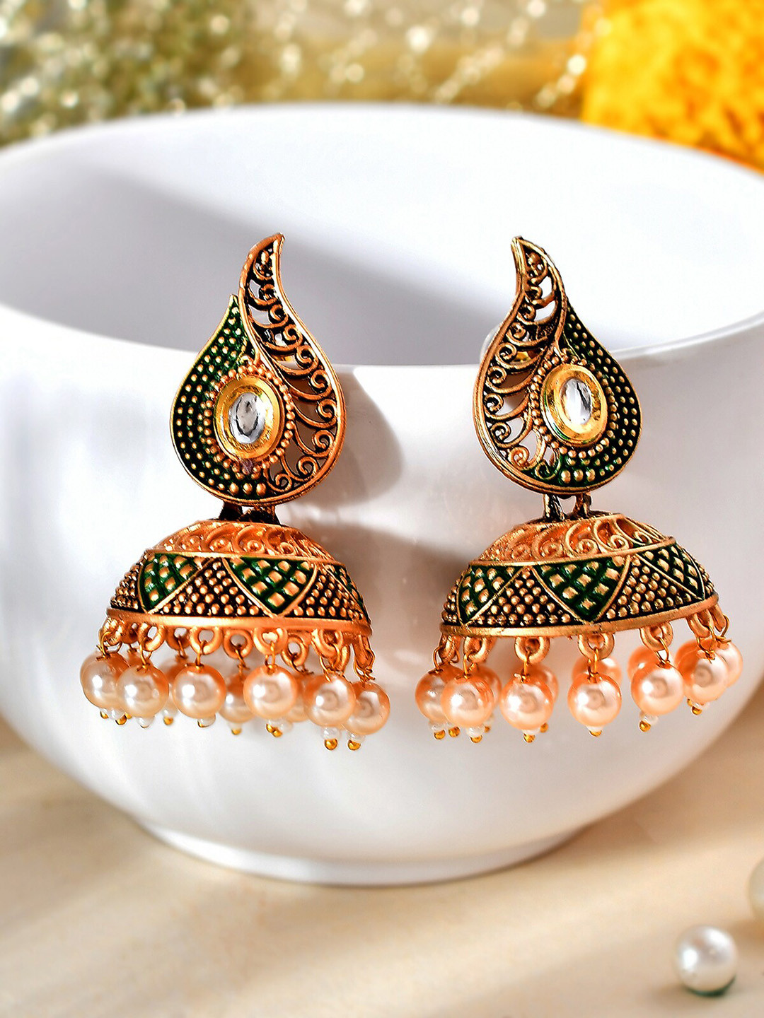 AQUASTREET Gold-Plated Leaf Shaped Stone Studded Jhumkas