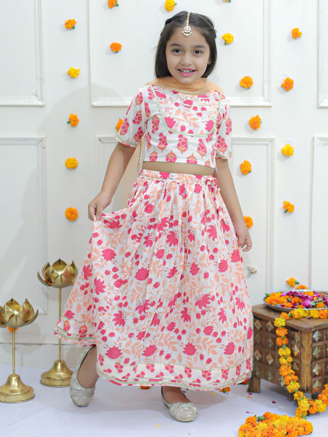 Ka-mee Girls Floral Printed Gotta Patti Cotton Ready to Wear Lehenga & Blouse With Dupatta