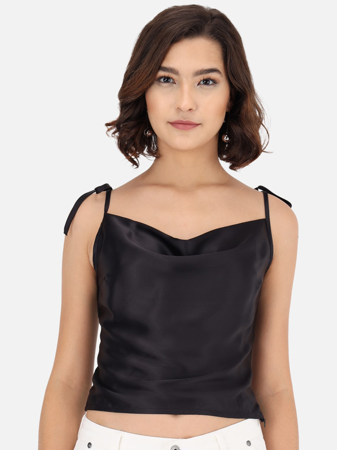 Trend Arrest Black Satin Cowl Neck Crop Top