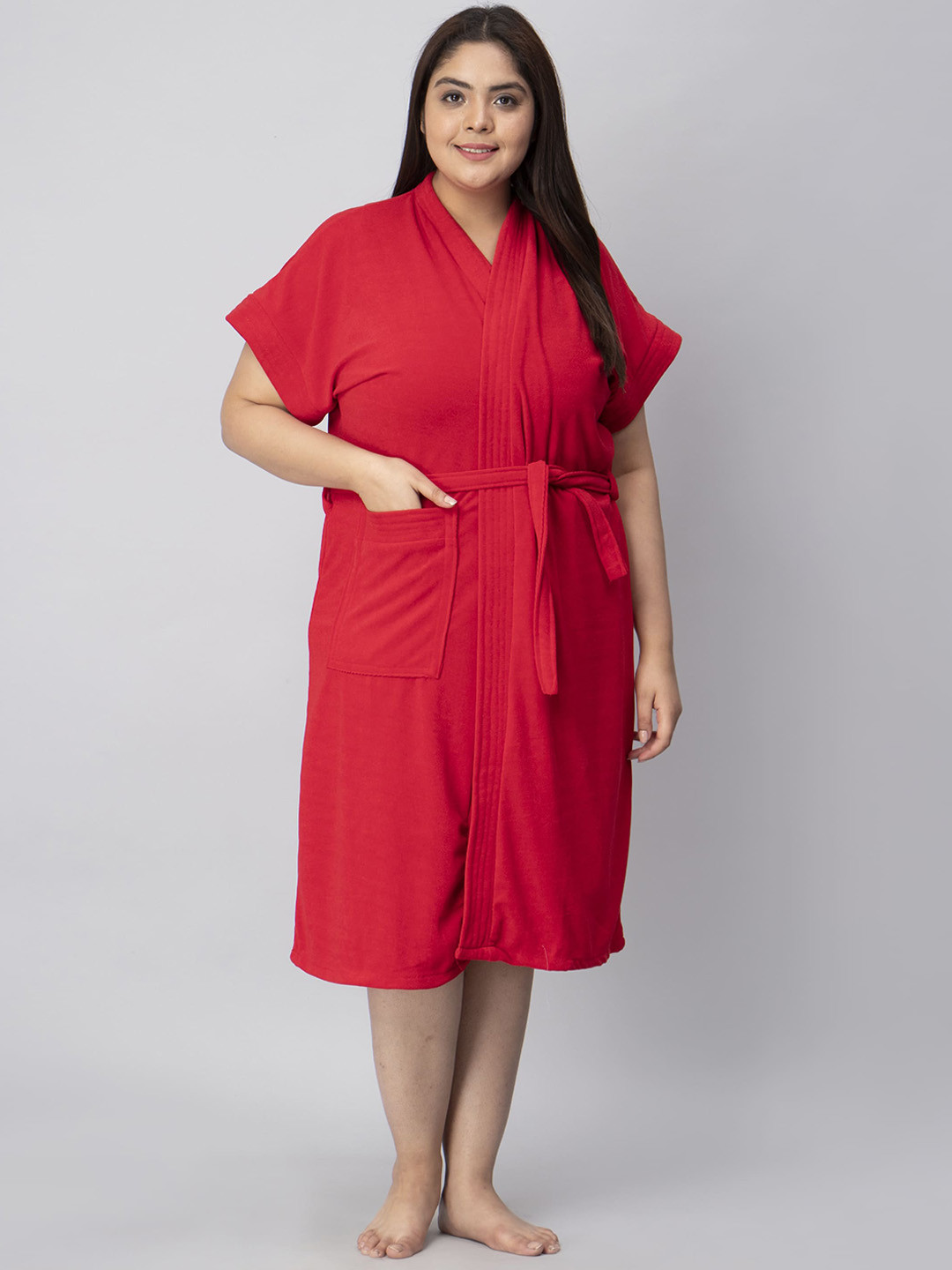 LacyLook Red Solid Terrycloth Drawstring Midi Bath Robe-3XL