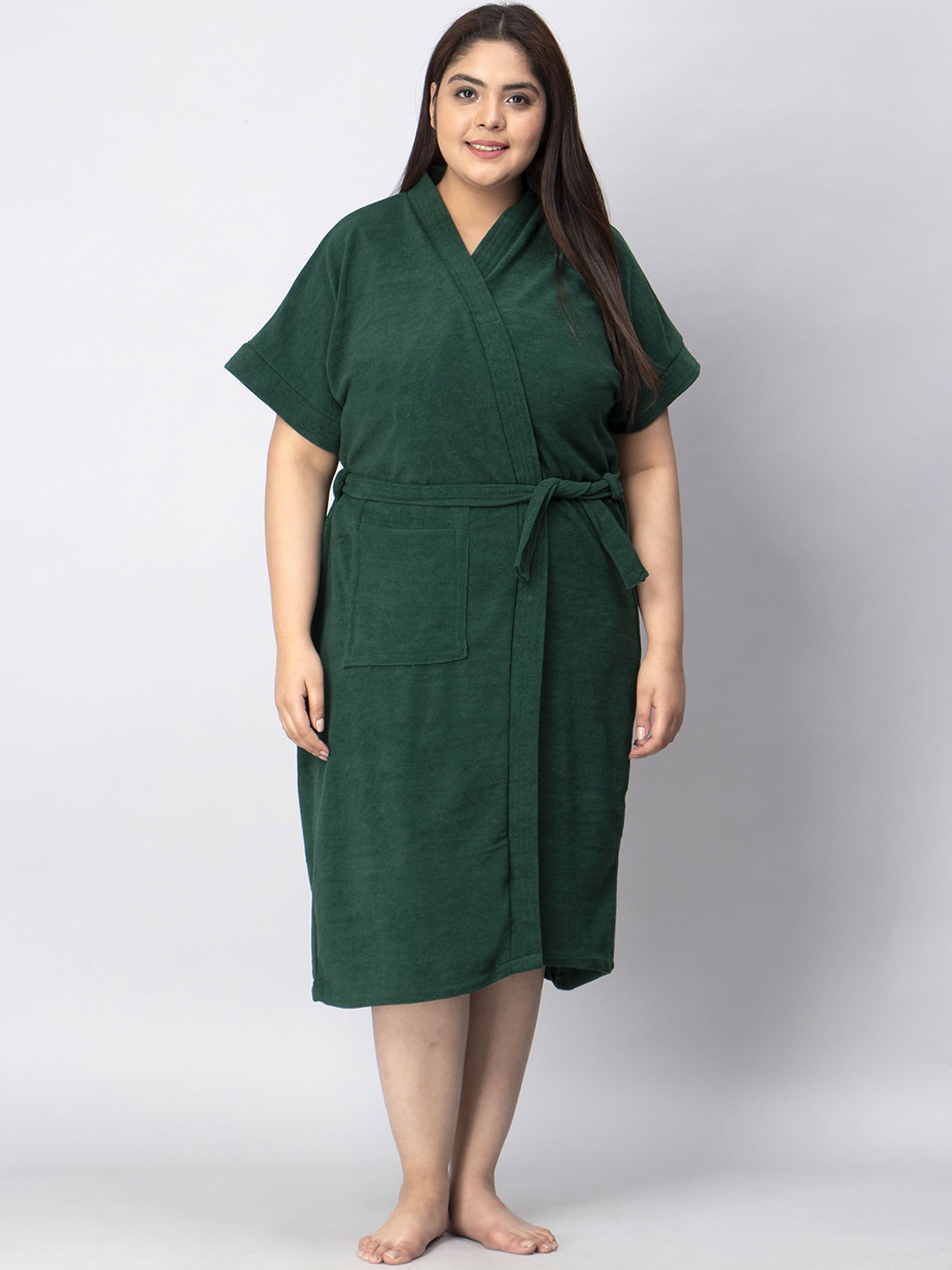 LacyLook Green Solid Terrycloth Drawstring Midi Bath Robe-3XL
