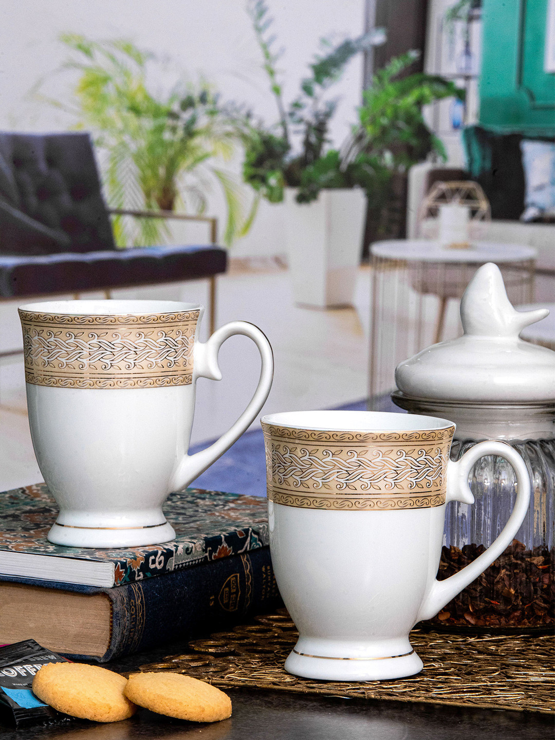 SONAKI Studio Potter White Ethnic Motifs Bone China Microwave Safe 2 Piece Mugs-320ml