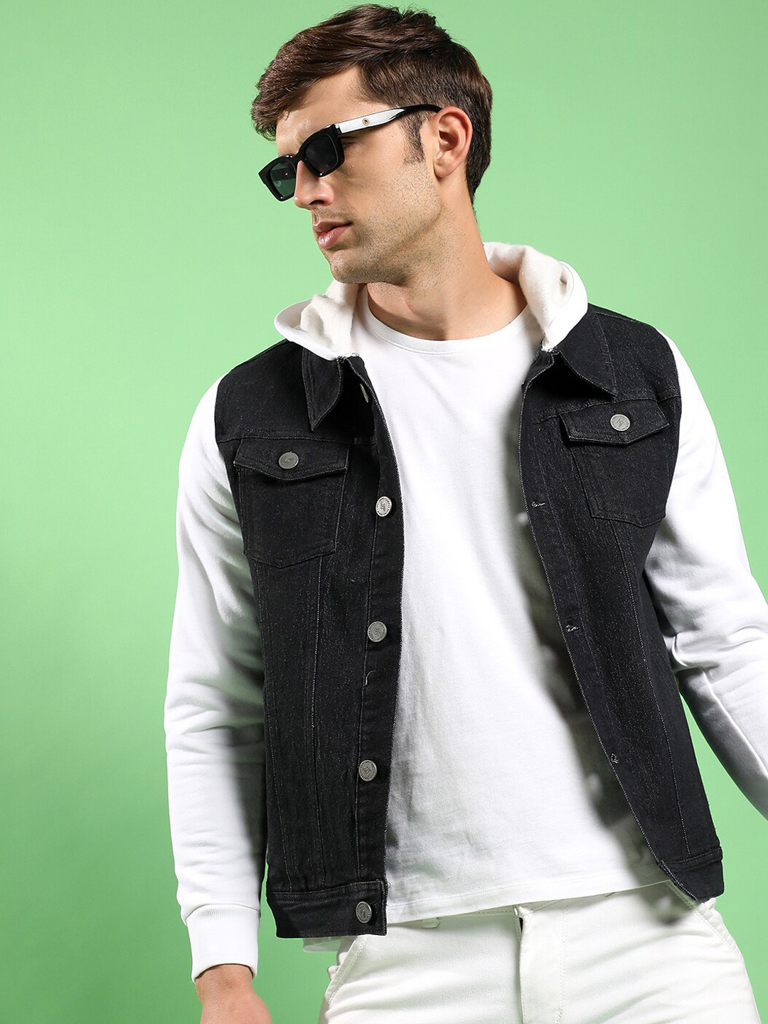 Campus Sutra White & Charcoal Medium-Wash Windcheater Cotton Denim Jacket