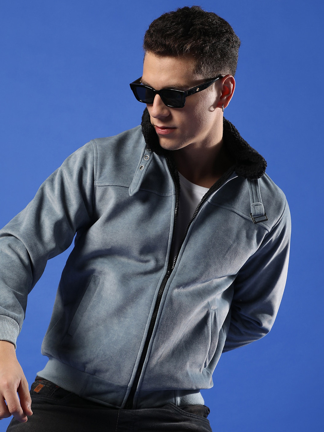 Campus Sutra Stand Collar Long Sleeve Zip Detail Windcheater Suede Bomber Jacket