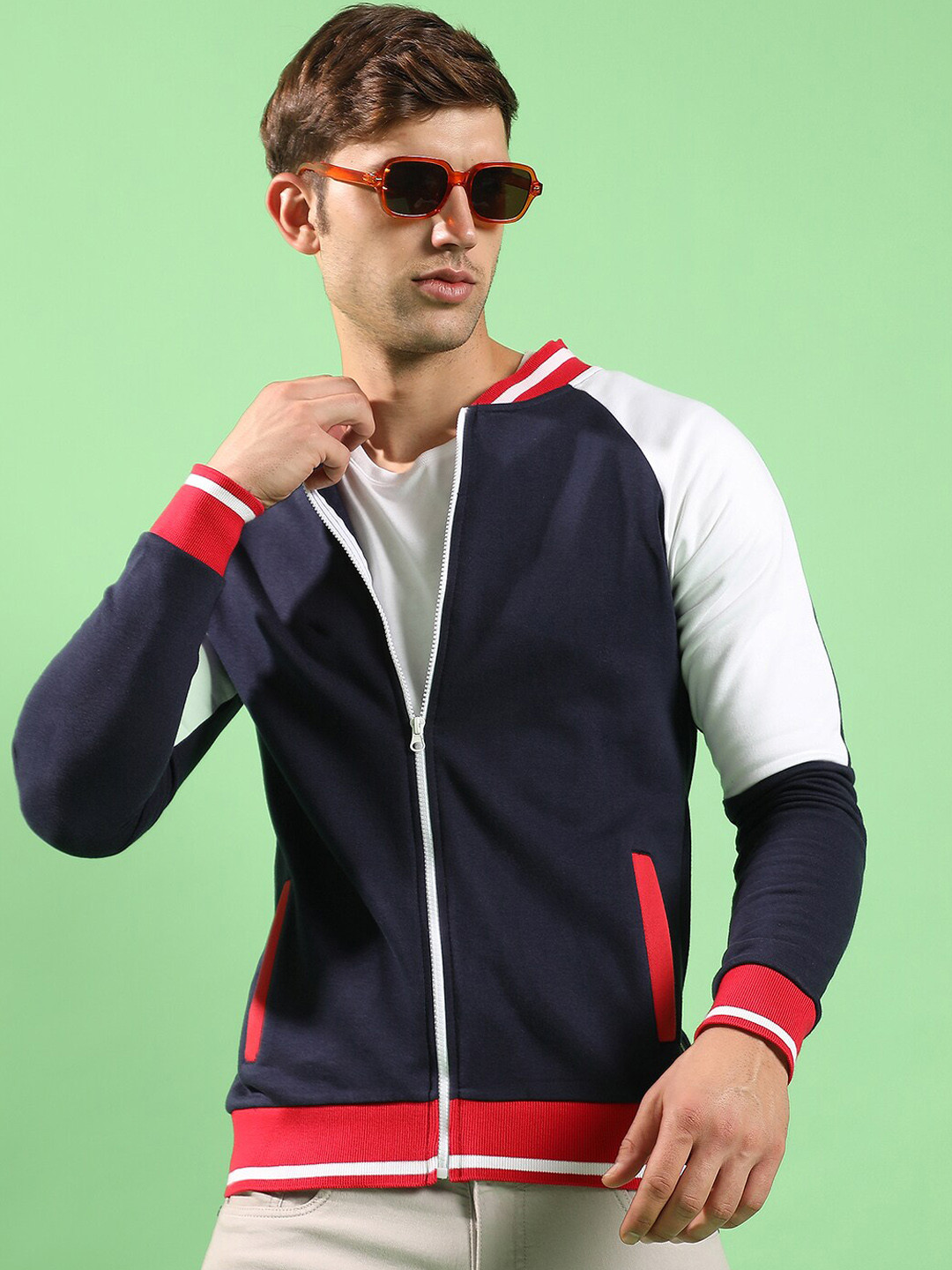 Campus Sutra Navy Blue Solid Mock Collar Cotton Bomber Jacket
