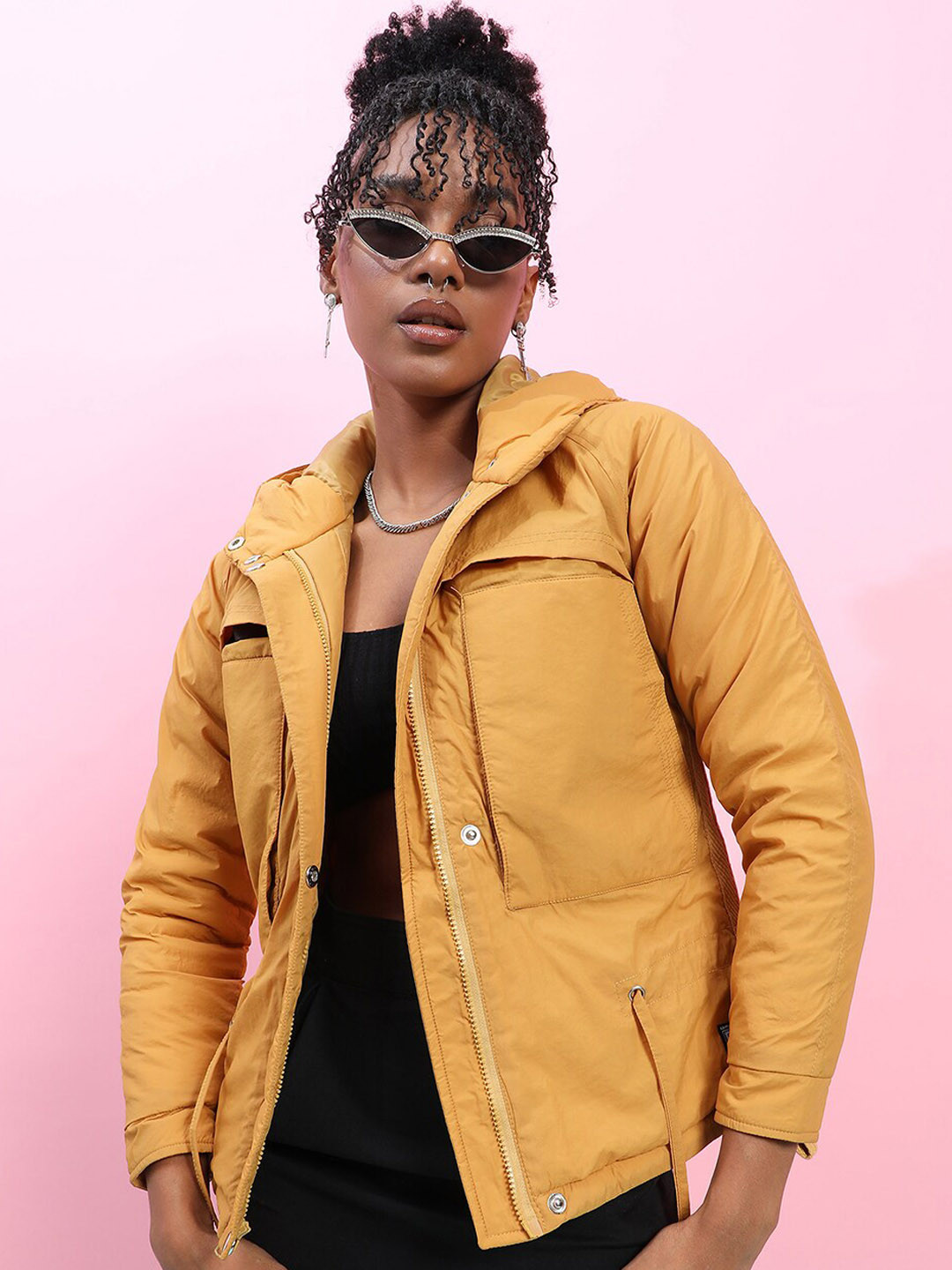 Campus Sutra Yellow Hooded Windcheater Puffer Jacket