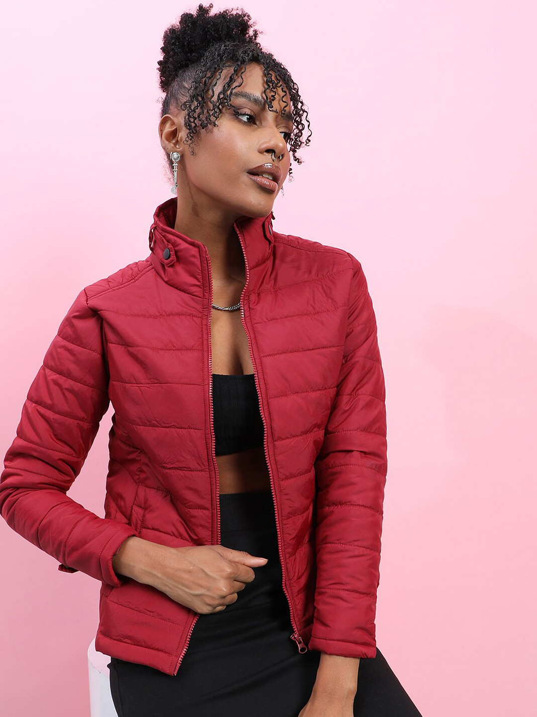 Campus Sutra Maroon Stand Collar Windcheater Puffer Jacket