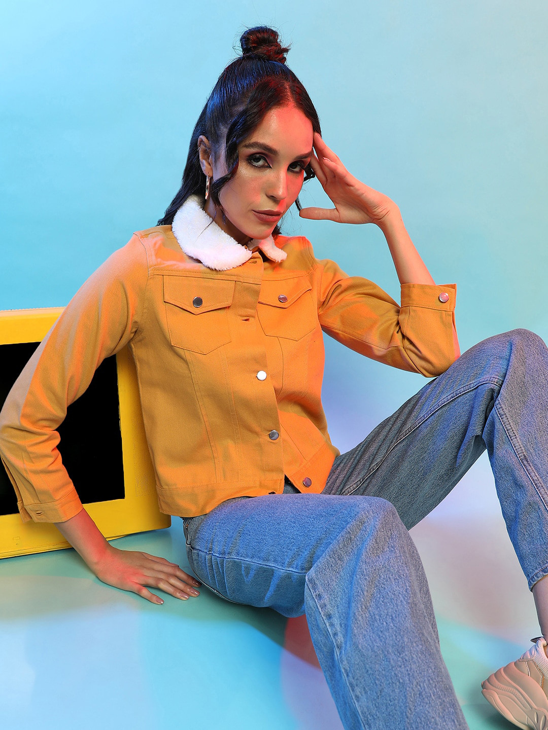 Campus Sutra Yellow Windcheater Faux Fur Trim Cotton Crop Tailored Jacket