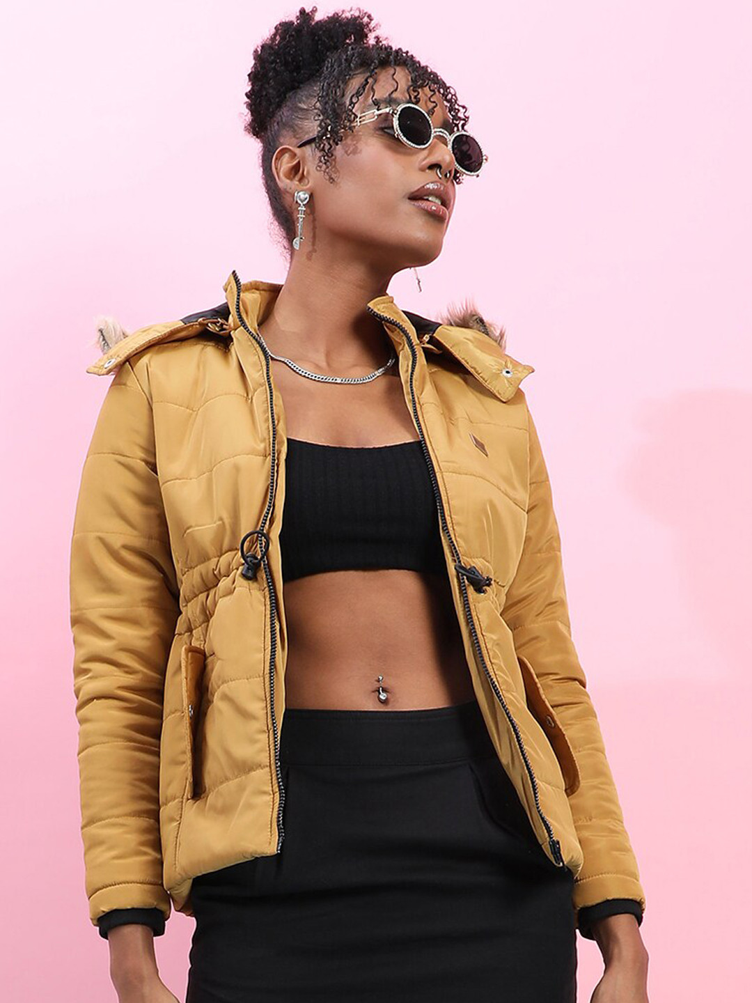 Campus Sutra Yellow Hooded Windcheater Faux Fur Trim Puffer Jacket
