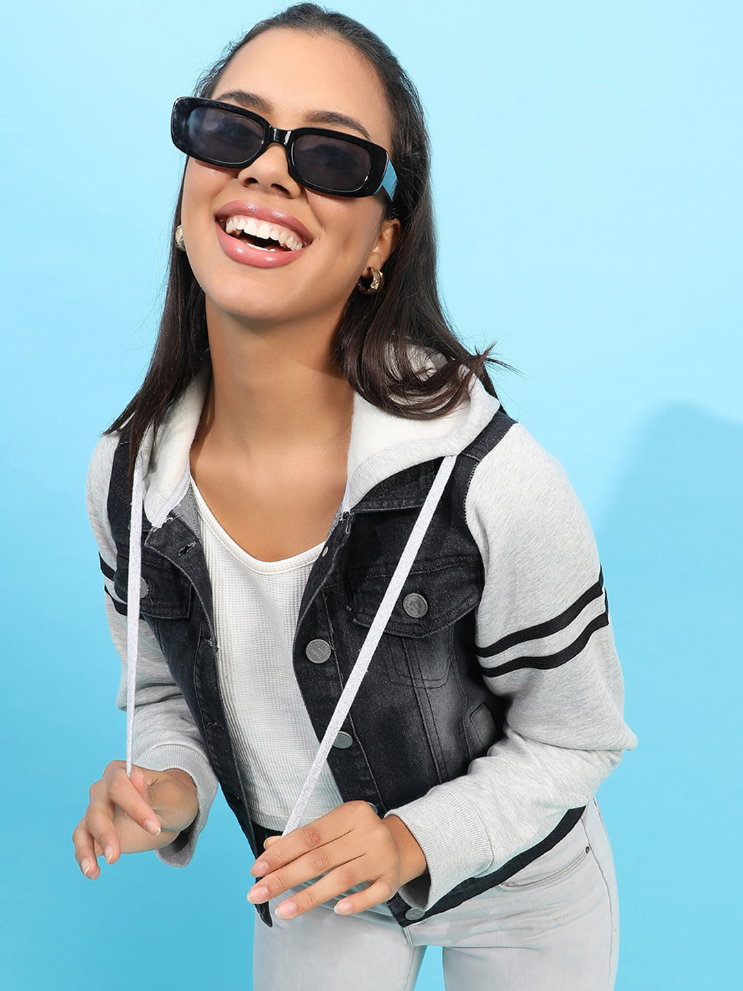 Campus Sutra Black Washed Hooded Windcheater Cotton Denim Jacket