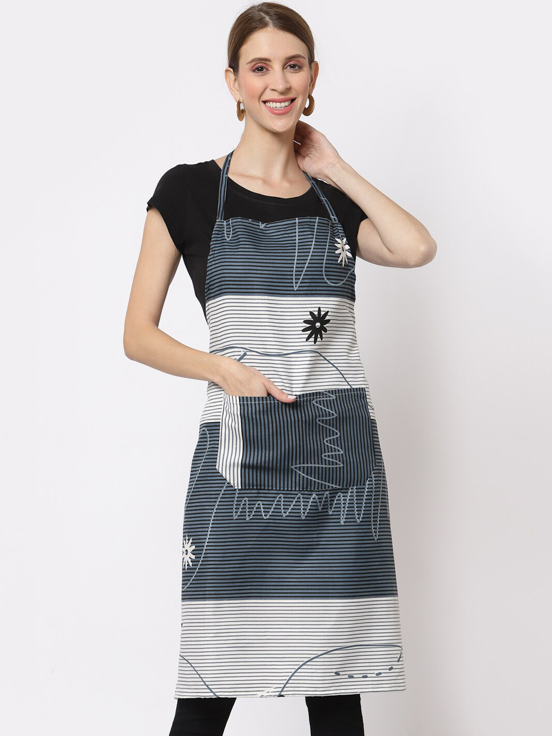 Arrabi Grey & Blue Striped Printed Apron With 2 Patch Pockets