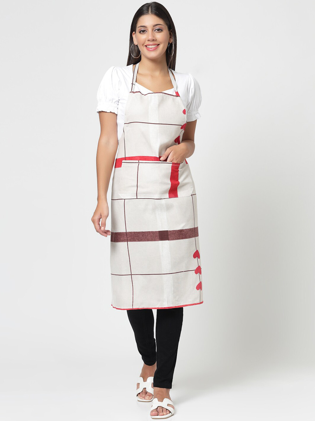Arrabi Cream-Colored & Red Geometric Printed Apron