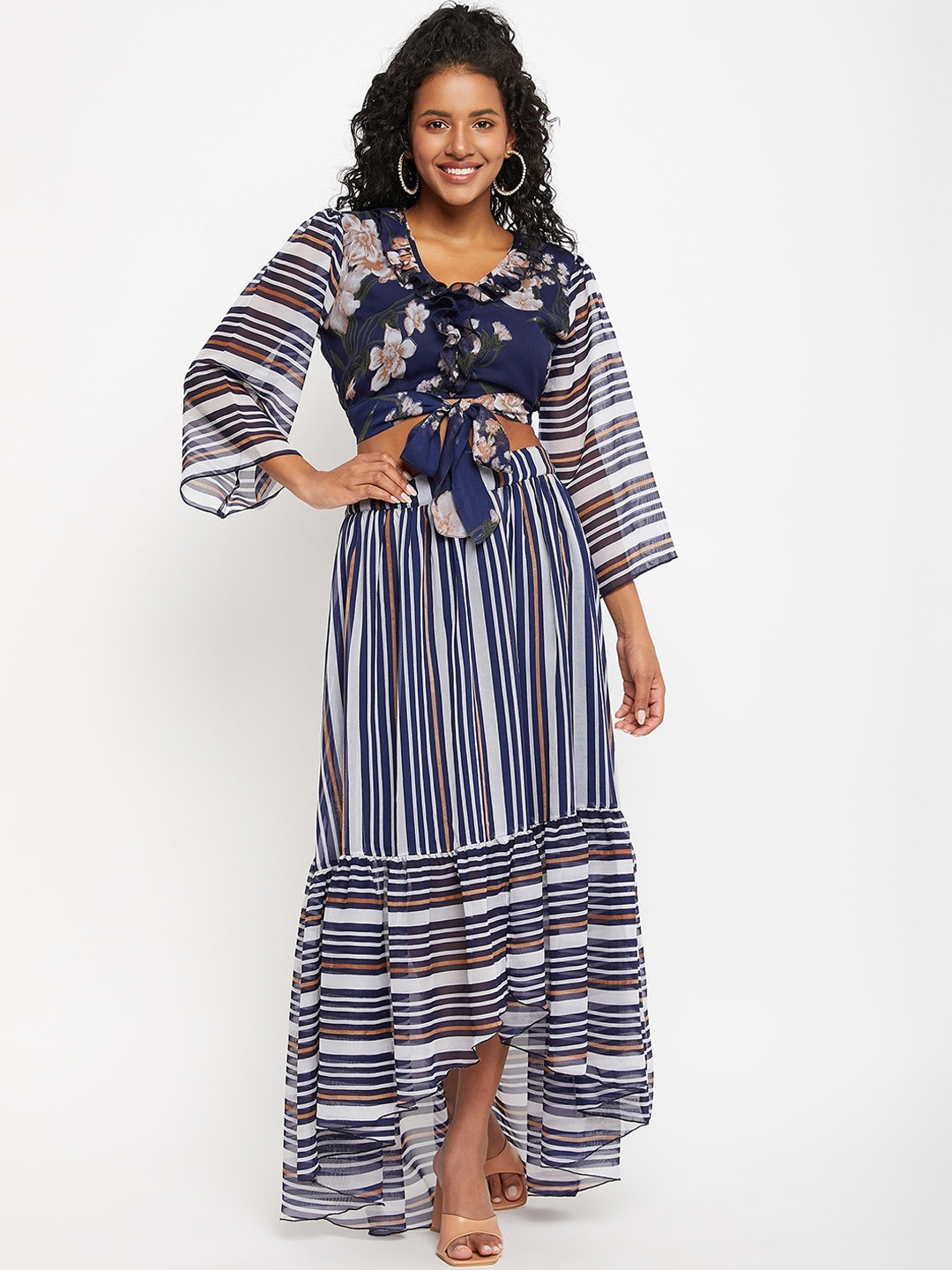 Bitterlime Floral Printed V-Neck Top With Striped High Low Skirt Co-Ords