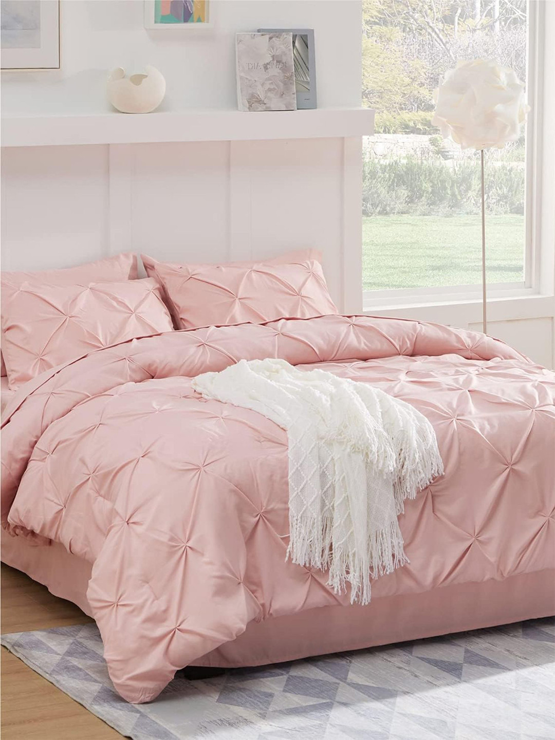 THE WHITE MOSS Marquis Pinch Pleated Rose Gold King Winter Comforter & 2 Pillow Covers