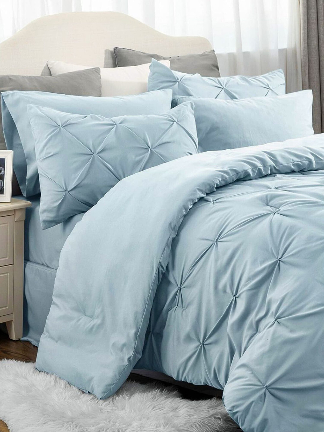 THE WHITE MOSS Marquis Pinch Pleated Navy Blue King Winter Comforter & 2 Pillow Covers