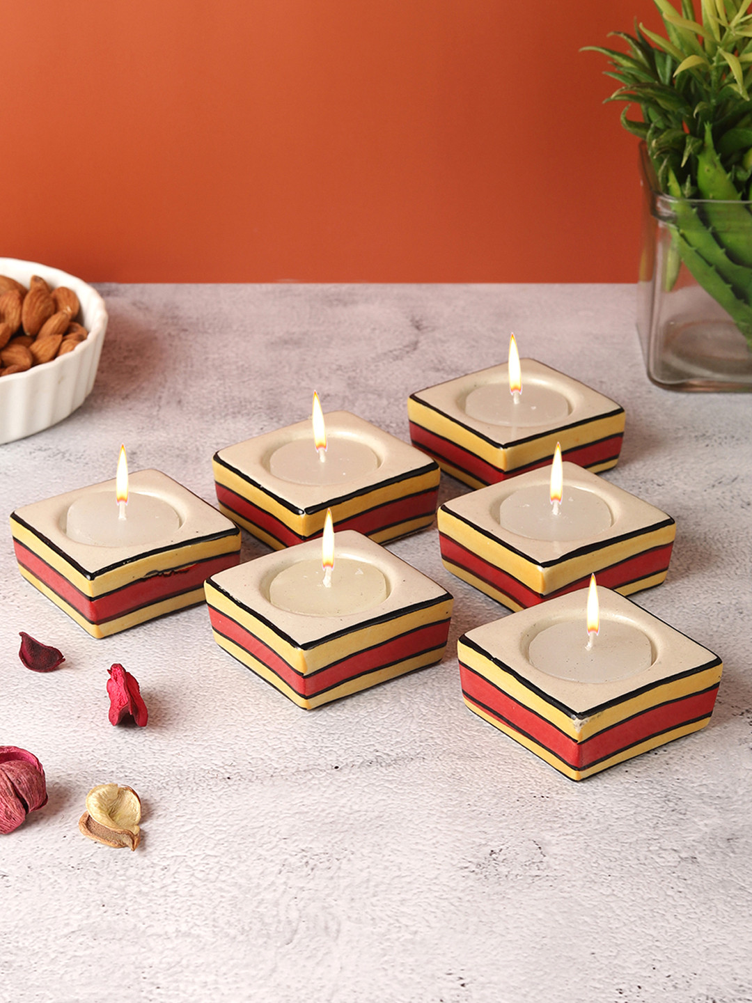 VarEesha Red & Yellow 6 Pieces Striped Square Ceramic Candle Holders