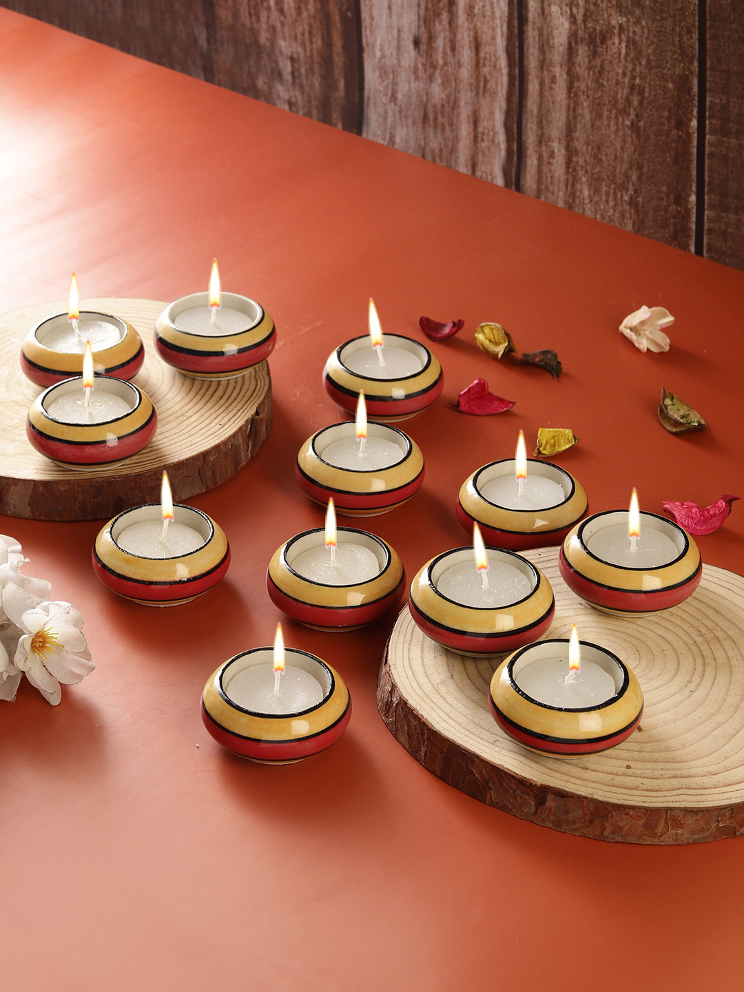 VarEesha Red & Yellow 12 Pieces Self-Designed Ceramic Tea Light Holders