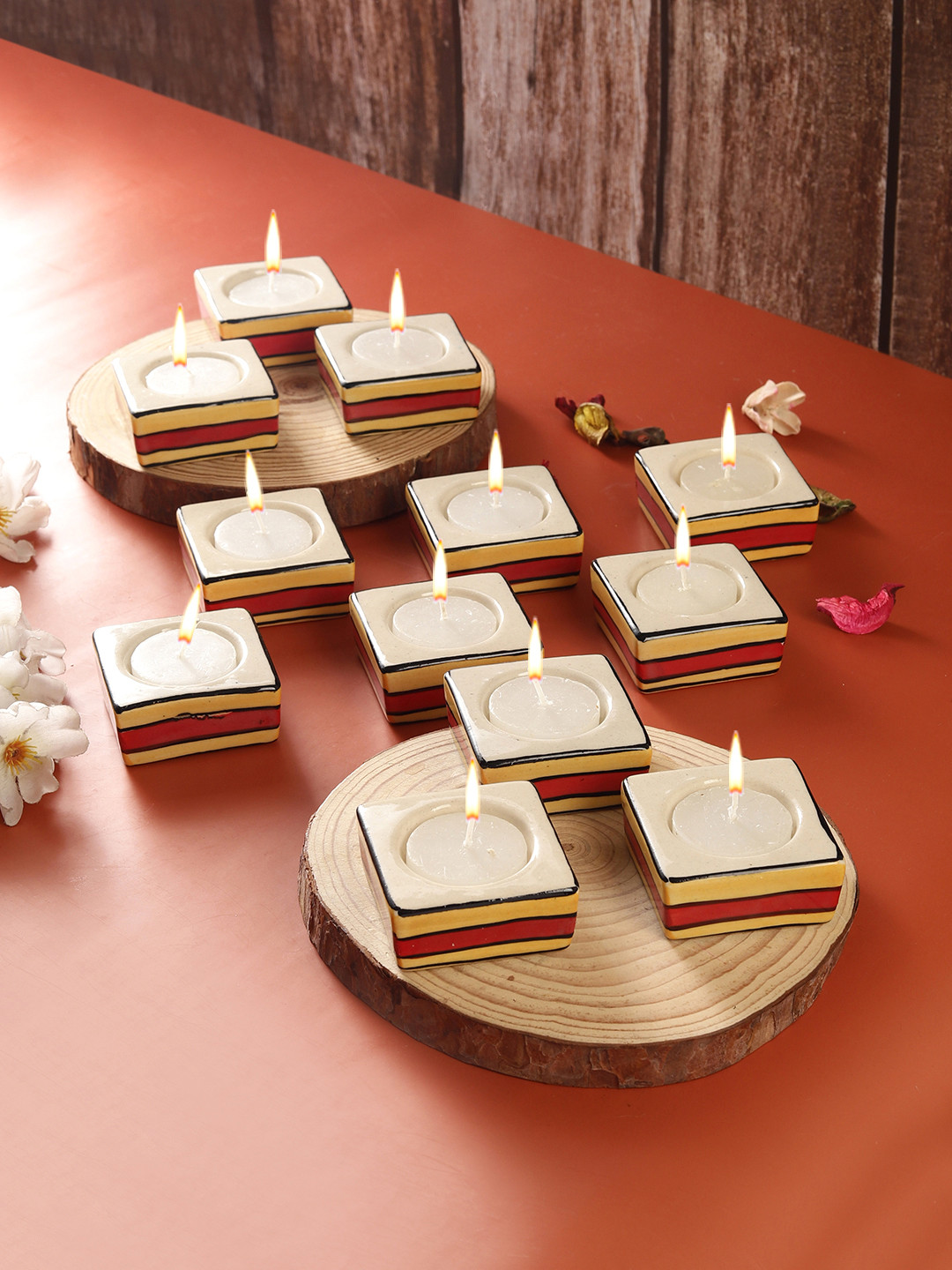 VarEesha Red &Yellow 12 Pieces Striped Square Ceramic Diyas &Tea Light Holders