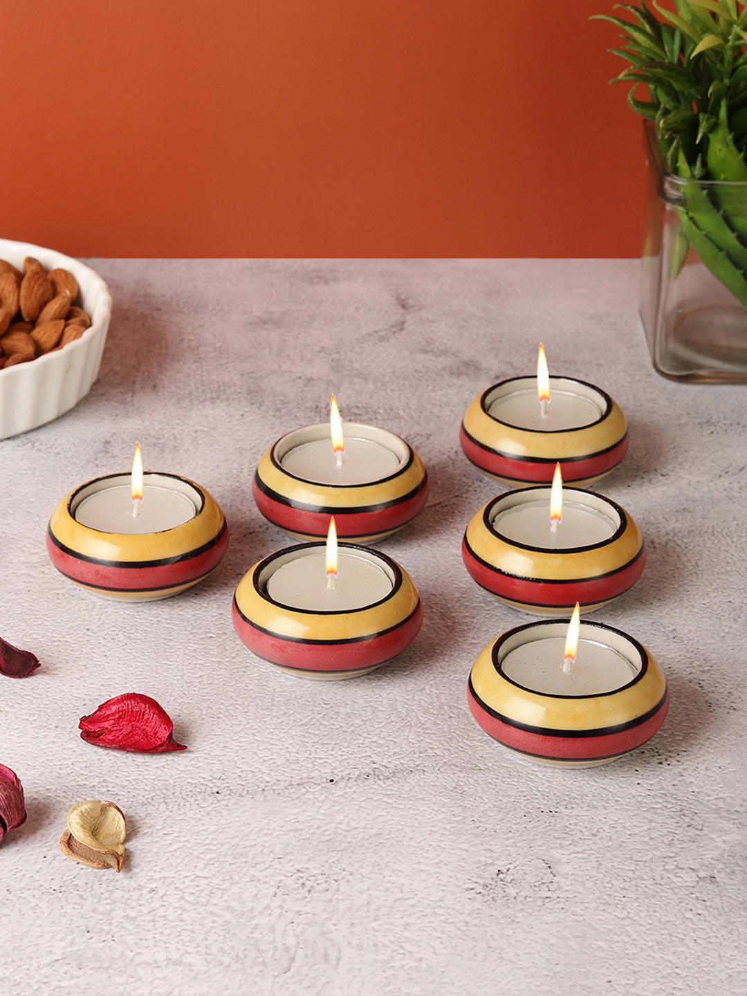 VarEesha 6 Pcs Red & Yellow Striped Ceramic Diyas & Tea Light Holders