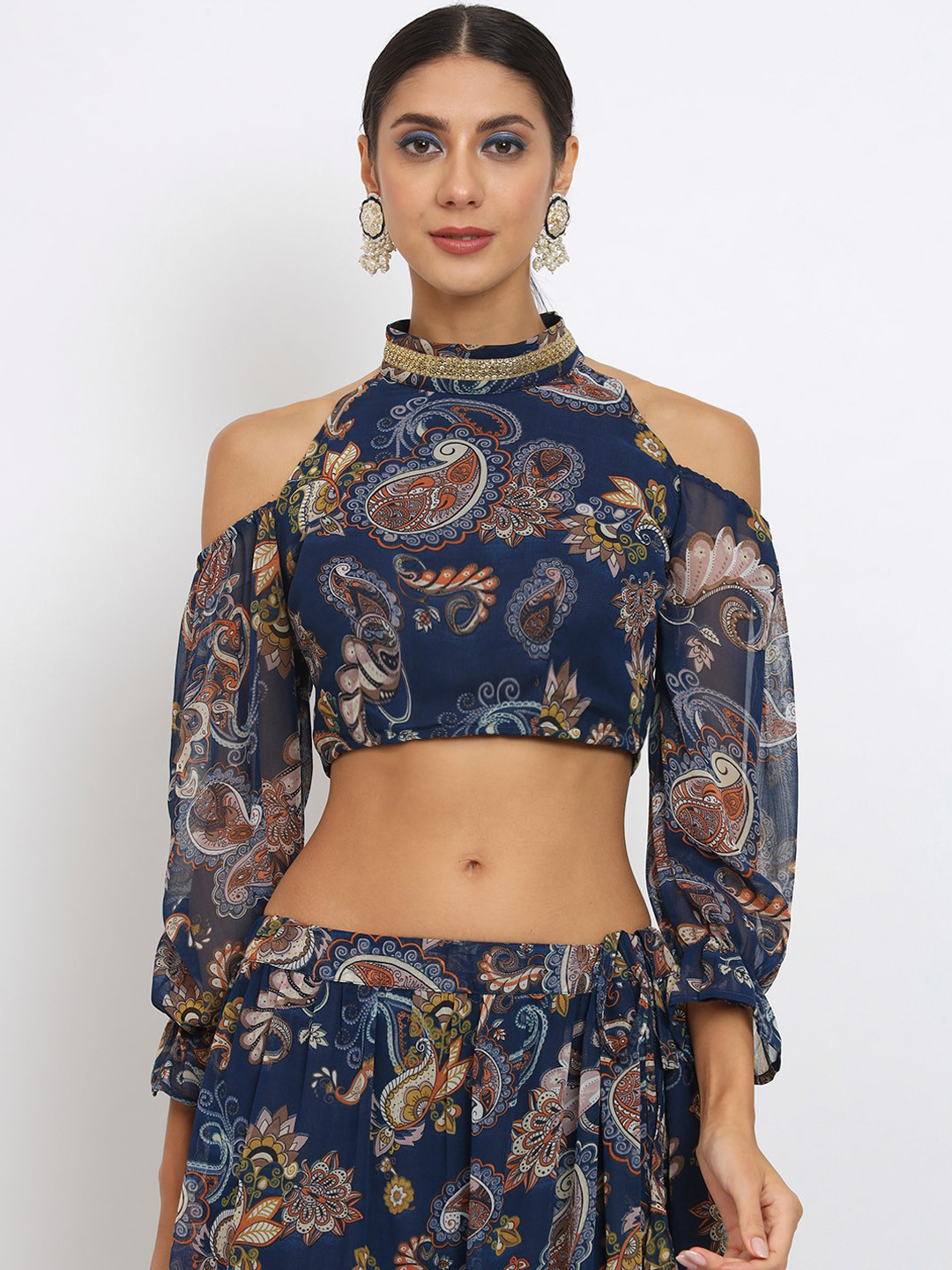 studio rasa Paisley Printed Cold-Shoulder Sleeves Sequinned Saree Blouse