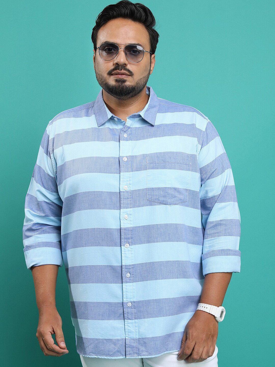 HIGHLANDER Plus Size Regular Fit Horizontal Striped Spread Collar Chest Pocket Slim Fit Shirt