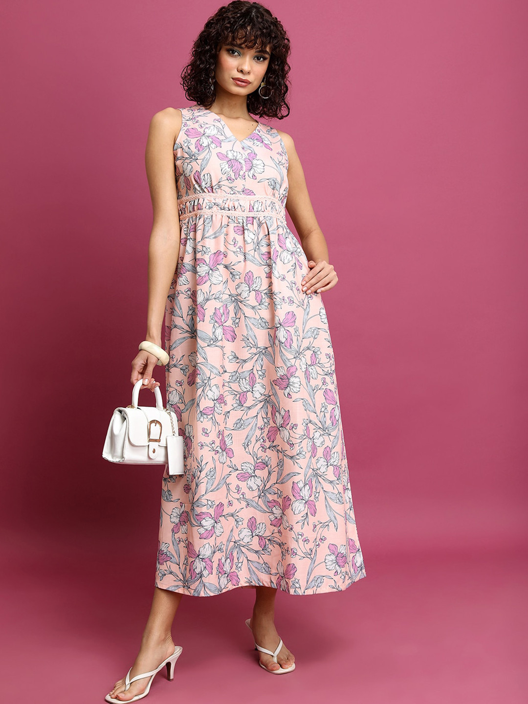 Vishudh Peach Floral Printed Gathered Maxi Dress