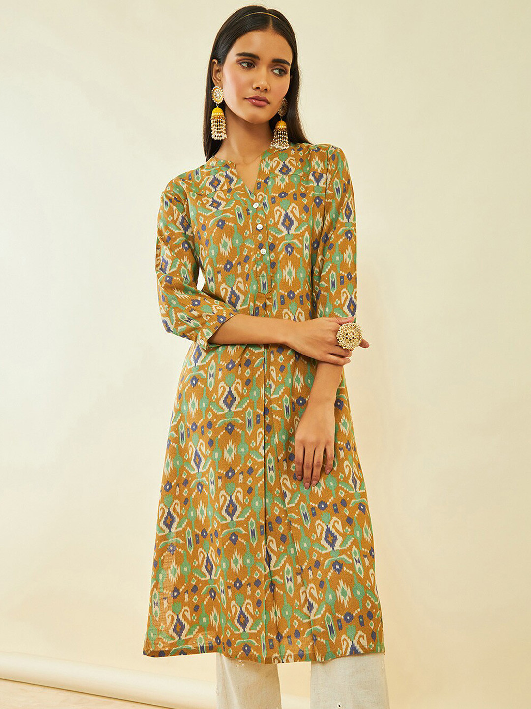 Soch Mustard Yellow Ethnic Motifs Printed Band Collar Straight Kurta