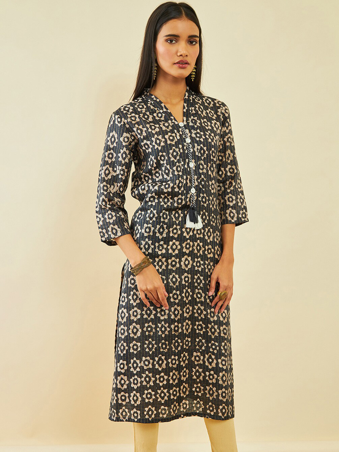 Soch Charcoal Abstract Printed Straight Kurta